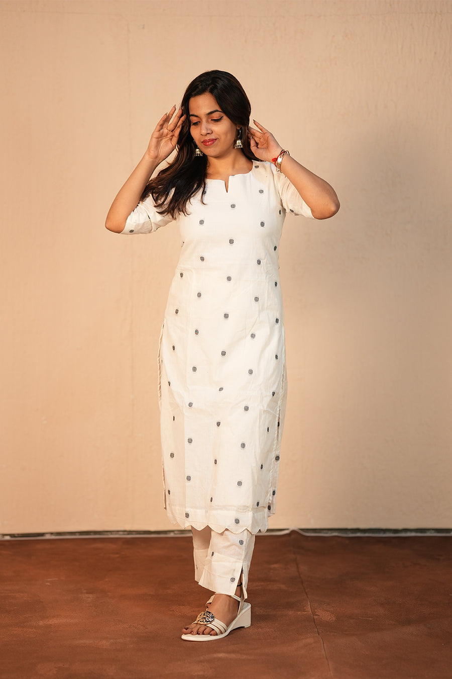 Ivory Silver Handloom Kurti Set